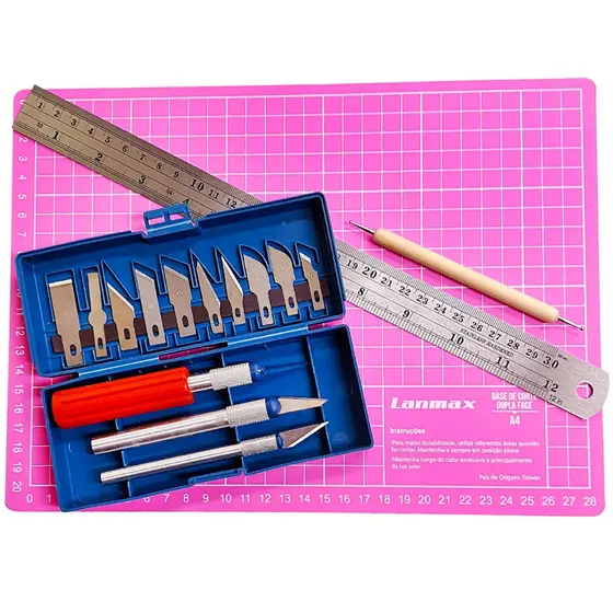 Kit Estilete Bisturi Base Corte Rosa A4 Lanmax Régua Aço 30 CM Para Artesanato Costura Patchwork