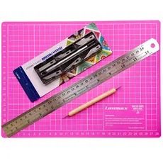 Base Corte A4 30x22 - Régua Aço 30CM - Bisturi Com 6 Lâminas Extras + Boleador Para Vincar Papel E Papelão