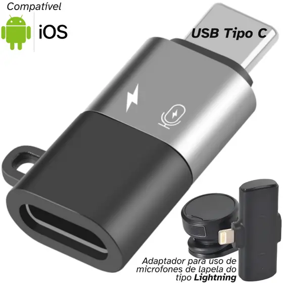 Adaptador Lightning Fêmea para USB-C Macho para Microfone de Lapela e Carregamento