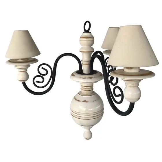 Luminária Ferro Madeira Branco Torneado Rustico Com Cúpulas Sala