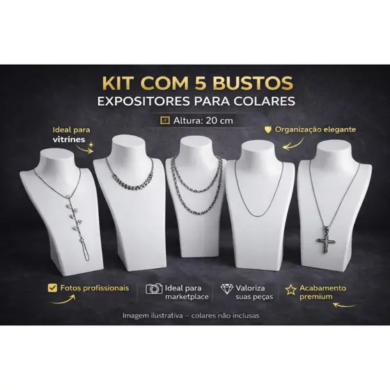 KIT COM 5 BUSTOS EXPOSITORES PARA COLARES PREMIUM DE 20 CM - SUPORTE PARA JOIAS,BIJUTERIAS,VITRINE E FOTOS DE PRODUTOS