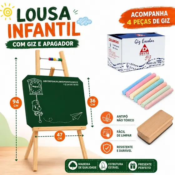 Lousa Quadro Verde Infantil Com Cavalete + Giz Colorido + Apagador