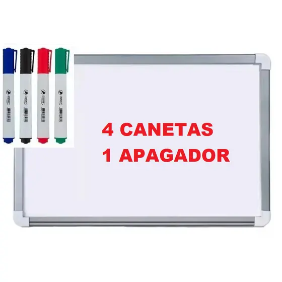 Lousa Quadro Branco Moldura Aluminizado 60x40 Cm + 4 Canetas e Apagador