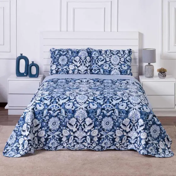 Colcha Bouti King Dupla Face Estampada com Porta Travesseiro 3 Peças