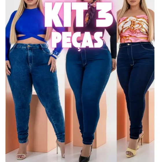 KIT 3 Calça Jeans Feminina Plus Size  Moda Maior Cintura Alta Com Lycra Elastano Premium efeito Empina Bumbum