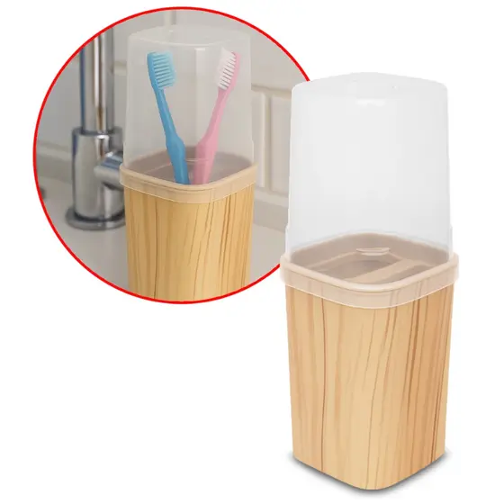 Porta Escova Creme Dental de Plástico com Tampa Madeira Banheiro Plasutil