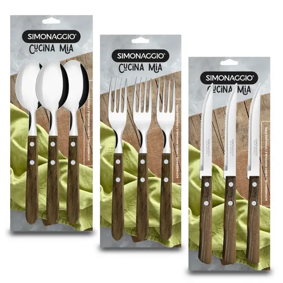 Jogo 3 Talheres Aço Inox Cabo de Madeira Simonaggio Resistentes Refeição Cozinha