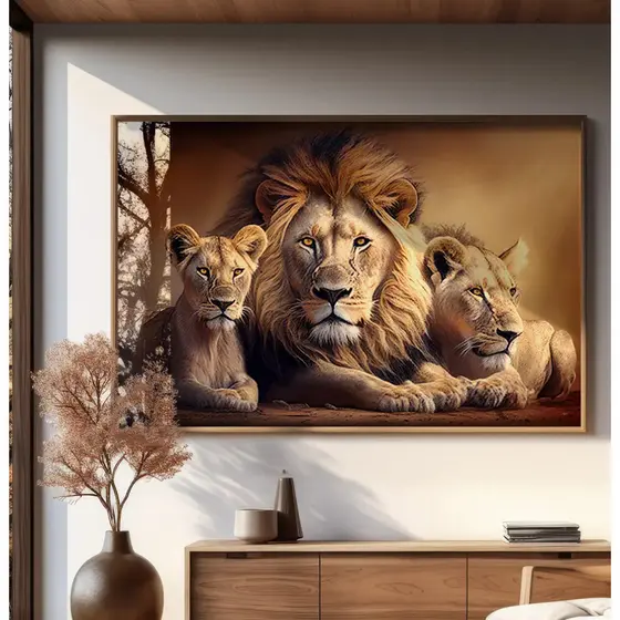 Quadro Decorativo 118x82cm Paisagem Familia Leões Com Filhote Pintura Luxo Sala Quarto Casa Decoração De Parede Mdf 