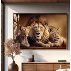 Quadro Decorativo 118x82cm Paisagem Familia Leões Com Filhote Pintura Luxo Sala Quarto Casa Decoração De Parede Mdf 