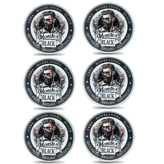 6 cera Modeladora Preta Pigmentada Fixação 120g monster barber escurecedora de barba bigode e cabelo