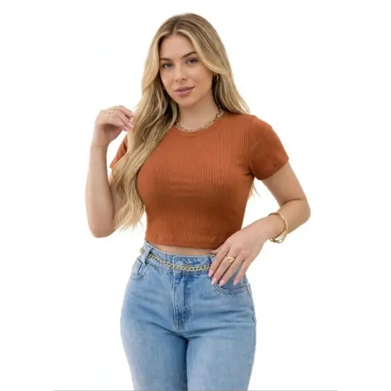 Blusa Cropped Feminino Gola Redonda Maga Curta Básica Canelado Tendência Verão Praia