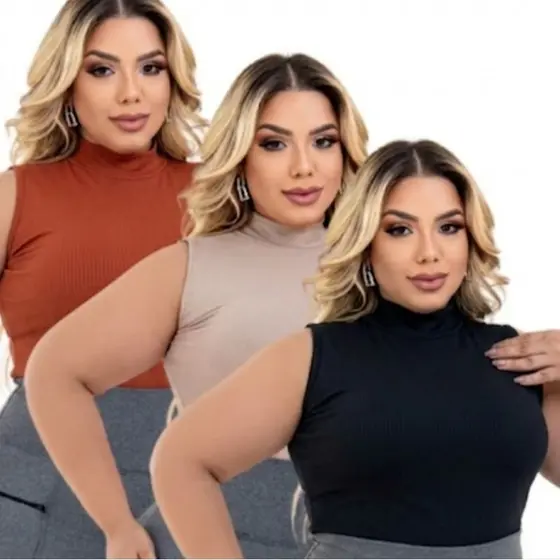 Regata Feminina Plus Size Gola Alta Canelada Basica e Casual  G GG  G1 G2
