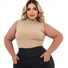 Regata Feminina Plus Size Canelada Gola Alta  Básica Casual Blogueira