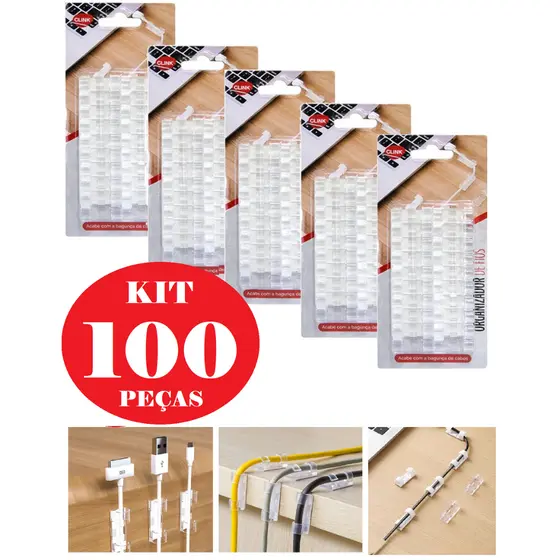 Kit 100 Clips Organizador De Cabo Fios Parede Fixador Adesivo