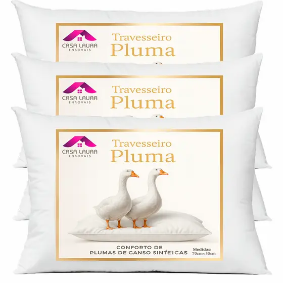Kit 3 Travesseiro Pluma de Ganso Descanso Antiacaro 70x50cm Luxo Sintético