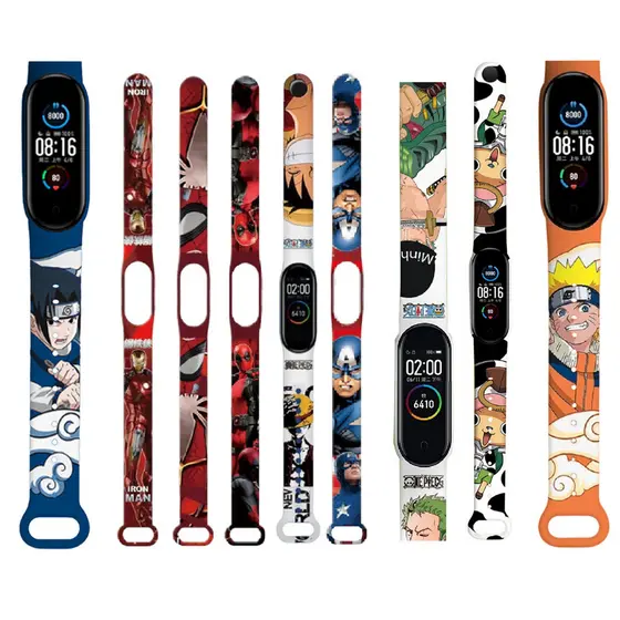 Pulseira Para Relógio Smartwatch Xiaomi Mi Band 5 6 7 M5 M6 M7 Naruto Sasuke One Piece Monkey D. Luffy Silicone Macia