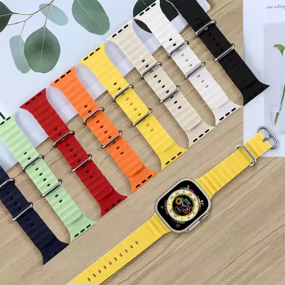 Pulseira Silicone Smartwatch 42mm 44mm 45mm 49mm Esporte Alça Oceânica Para Apple Watch Series 8 7 Ultra Substituição