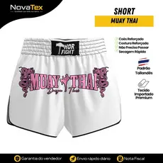 Short Muay Thai Branco Dragon Thai Estampa Rosa Unissex Confortável Alta Qualidade para Treino