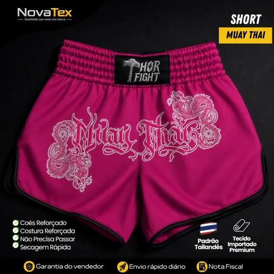 Short Muay Thai Feminino Pink Dragon Rosa Estampado Microfibra Secagem Rápida