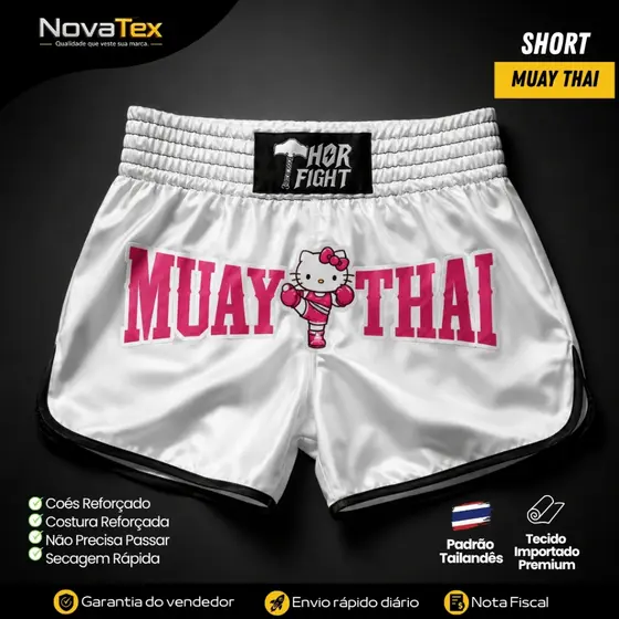 Short Muay Thai Feminino Hello Fighter Branco Estampado Microfibra Cós Reforçado Secagem Rápida