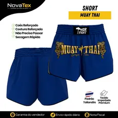 Short Muay Thai Azul Dragon Thai Dourado Unissex Alta Qualidade para Treino e Luta
