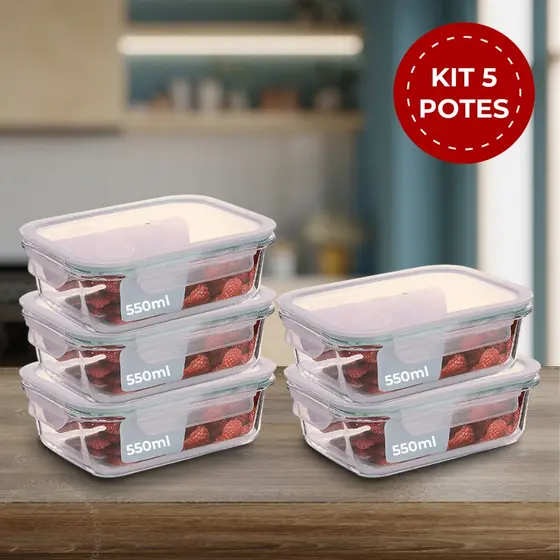 Conjunto 5 Potes de Vidro 550ml Hermético 4 Travas Marmita