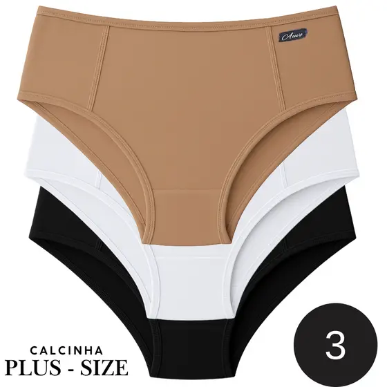 Kit Calcinhas Plus Size Feminina Cós Alto Lateral Larga Conforto Dia a Dia