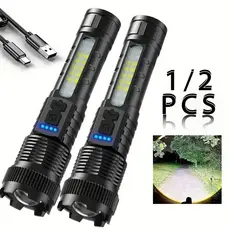 Lanterna Tática LED Recarregável USB 6 Modos Zoomável 18650 Portátil para Aventura e Emergência