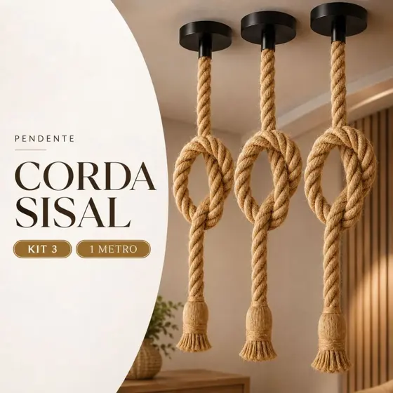 Kit 3 Pendente Corda Sisal 1 Metro Bivolt 110v 220v Vintage Rústico Decorativo Área Luminária Teto