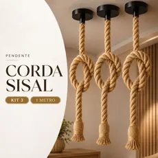 Kit 3 Pendente Corda Sisal 1 Metro Bivolt 110v 220v Vintage Rústico Decorativo Área Luminária Teto