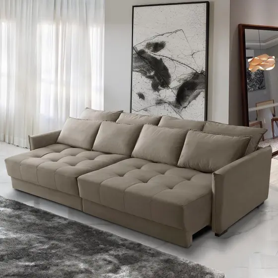 Sofá Cama Retrátil e Reclinável 2,50m com Molas Carol Veludo Cappuccino Adonai Estofados