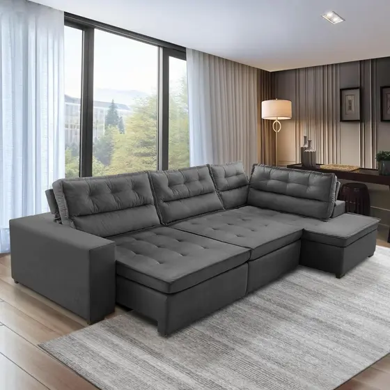 Sofá de Canto Retrátil e Reclinável com Molas 3,00x2,00 Virginia Suede Cinza Adonai Estofados