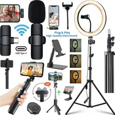 Kit Tripé Ring Light Luz Microfone Sem Fio Tipo-C Bastão Controle Gravação Video No Celular