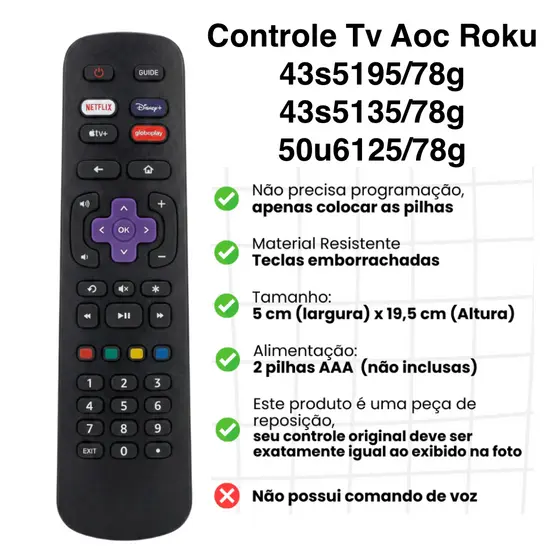 Controle Remoto TV Smart AOC Roku 32S5195/78G 43S5195/78G Netflix GloboPlay DAZN Deezer 9091