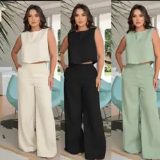Conjunto Feminino Linho Calça Pantalona + Blusa regata de linho Elegante Chique