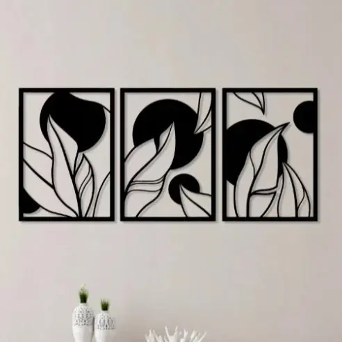 Conjunto 3 Quadros Decorativos Minimalistas Folhagens Preto vazado MDF Sala Quarto Parede Moderna