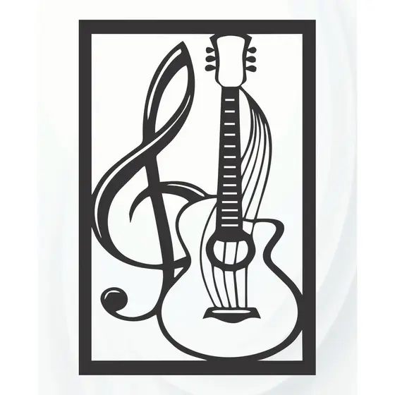 Quadro Música Clave De Sol E Violão Madeira Decorativo Preta Mdf  Decoração