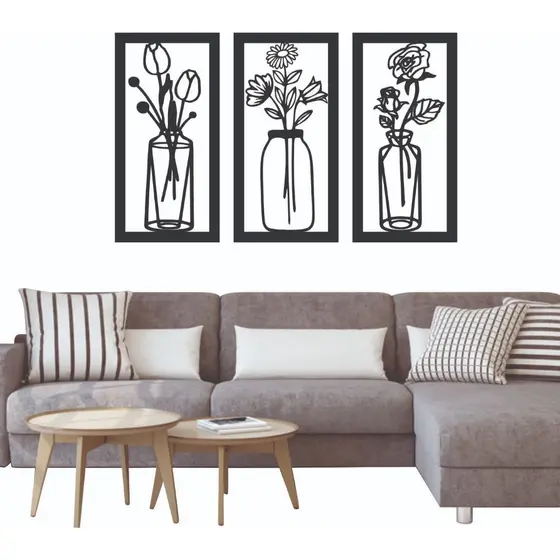 KIT 3 Quadros Flores Delicadas em MDF Decorativo Preto Fosco Decoração Vasos