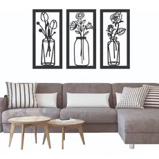 KIT 3 Quadros Flores Delicadas em MDF Decorativo Preto Fosco Decoração Vasos