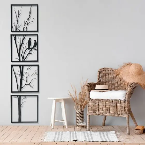 Quadros Árvore com Casal de Pássaros vertical MDF Decoração Decorativo 4 Peças