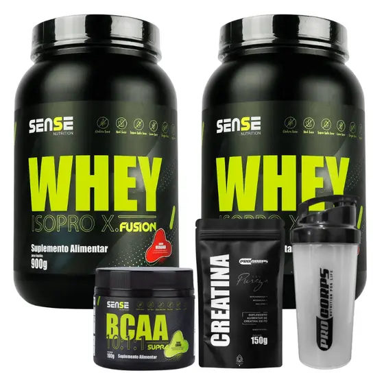 Combo Completo 2 Whey 900g + Creatina + BCAA + Coqueteleira