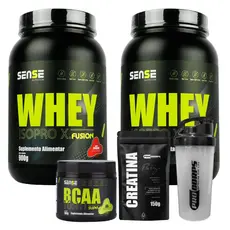 2 Whey Protein 900g + BCAA 100g + Creatina pura 150g + Coqueteleira - Sense