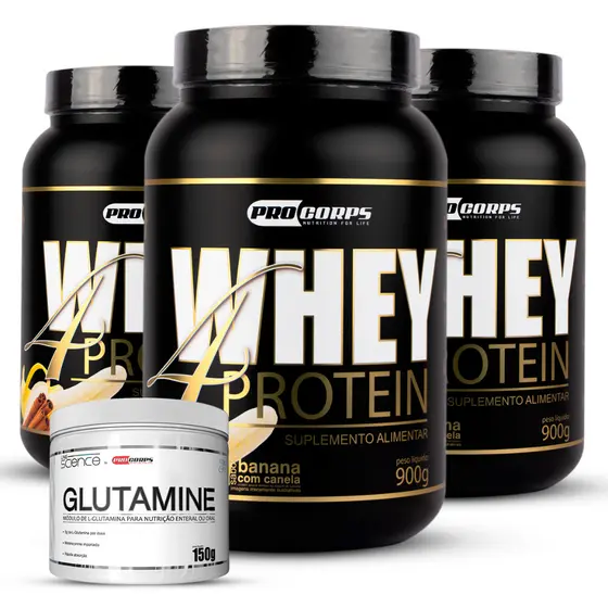 3 Whey Protein 4W 32g Proteina 900g + 1 Glutamina 150g 100% Pura