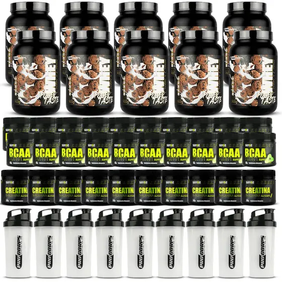 10 Whey Protein + 20 Bcaa Em Po + 10 Creatina Em Po + 10 Coqueteleira