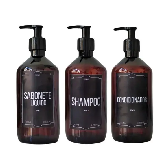 Kit Banho Frasco Âmbar Pet 3pçs Shampoo Condicionador e Sabonete líquido Dispenser 500ml