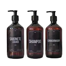 Kit Banho Frasco Âmbar Pet 3pçs  Shampoo Condicionador e Sabonete líquido Dispenser 500ml
