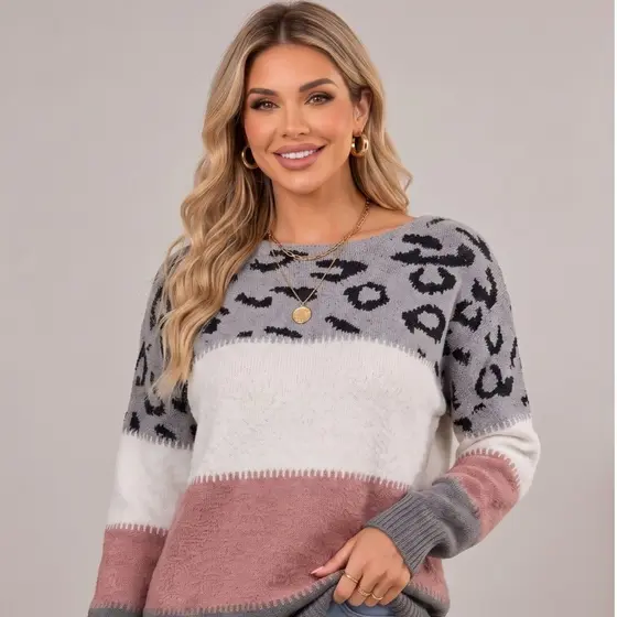 Blusa de Frio Feminina Tricô Suéter Manga Longa Gola Redonda Estampa Onça Casual Inverno