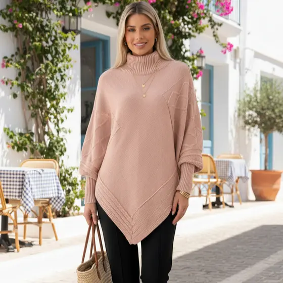 Poncho Tricot Feminino Gola Alta Manga Longa Assimétrico Canelado Elegante Inverno Frio