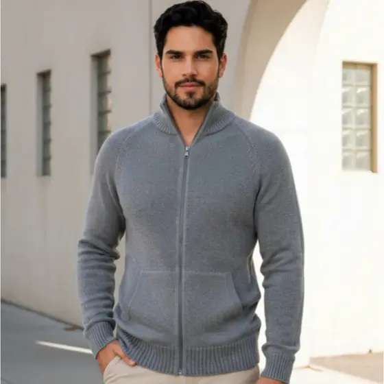 Jaqueta Tricô  Masculino Cardigan com Zíper Casaco de Malha Inverno Gola Alta Premium