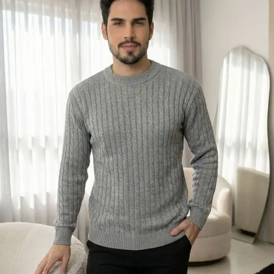 Blusa Masculina Tricot Trançada Manga Longa Inverno Suéter Elegante Casual Luxo Lançamento